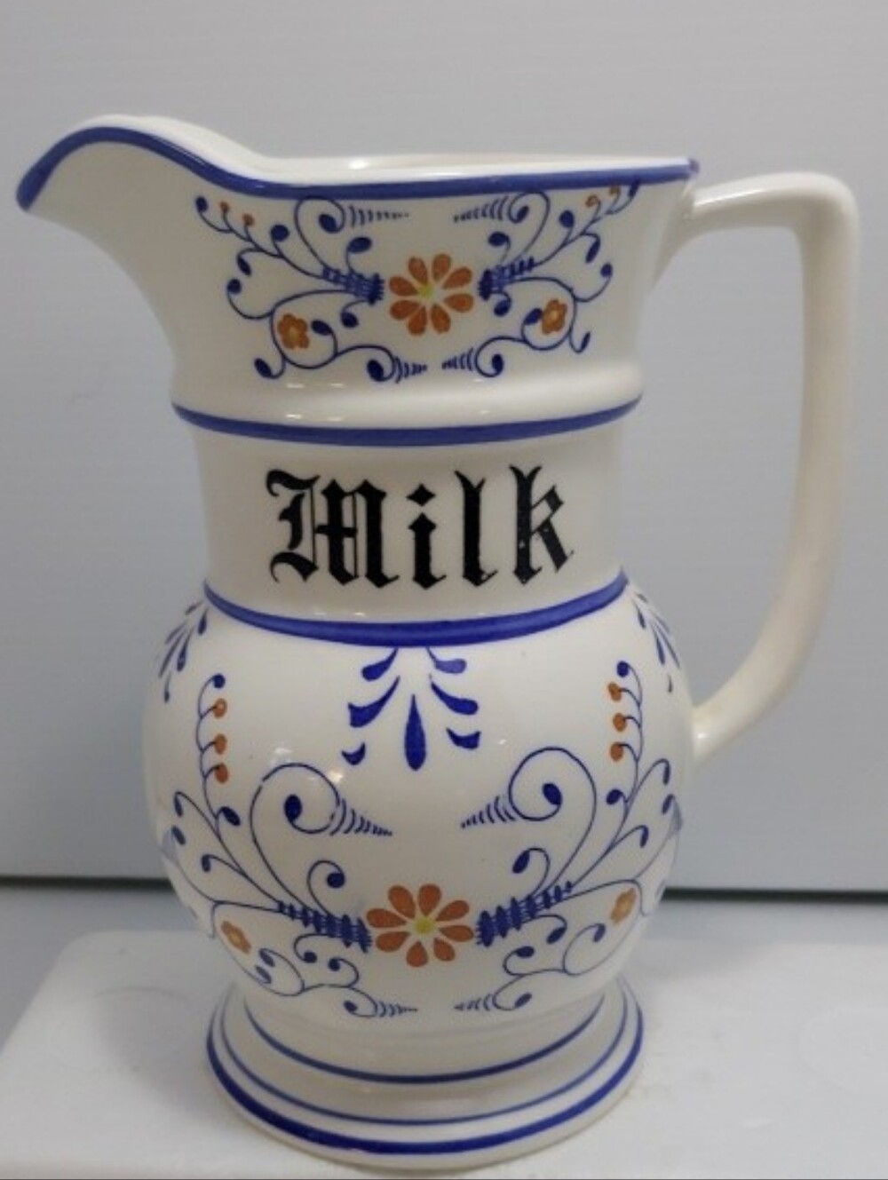 Vintage White And Blue Milk pitcher Heritage Royal Sealy Approx 8" Farm Folk Art